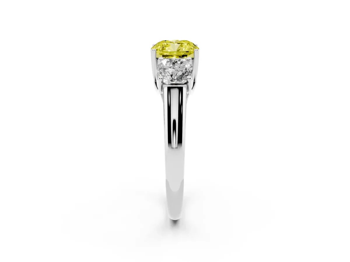 Fancy Yellow Three-Stone Cushion Cut Diamond Engagement Ring with Prong Setting Silver
