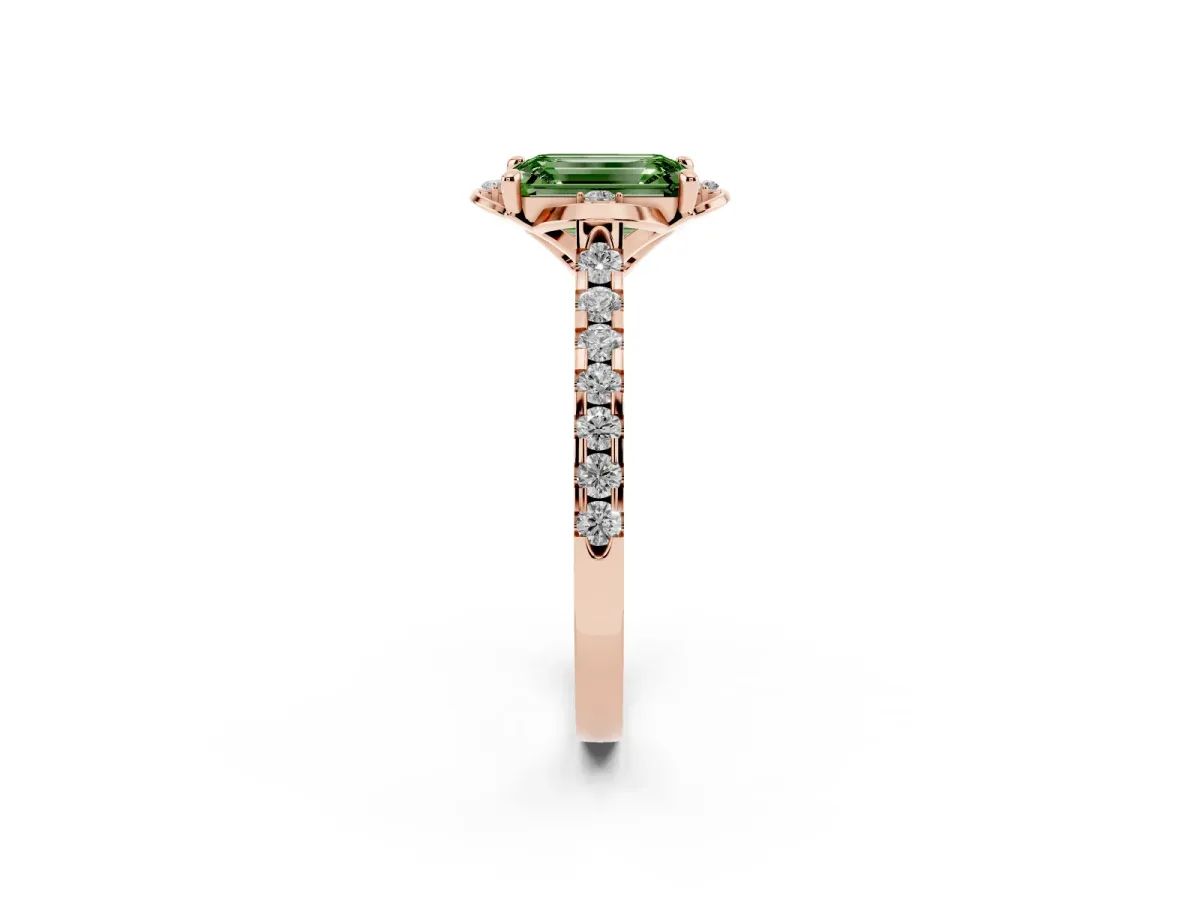 Fancy Green Emerald Cut Diamond Ring with Pavé Band and Floral Prong Setting Rose gold