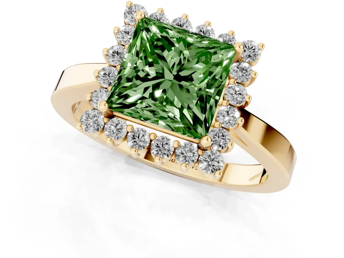 Fancy Green Princess Cut Cut Diamond Halo Ring with Round Brilliant Halo and Solitaire Band Yellow gold