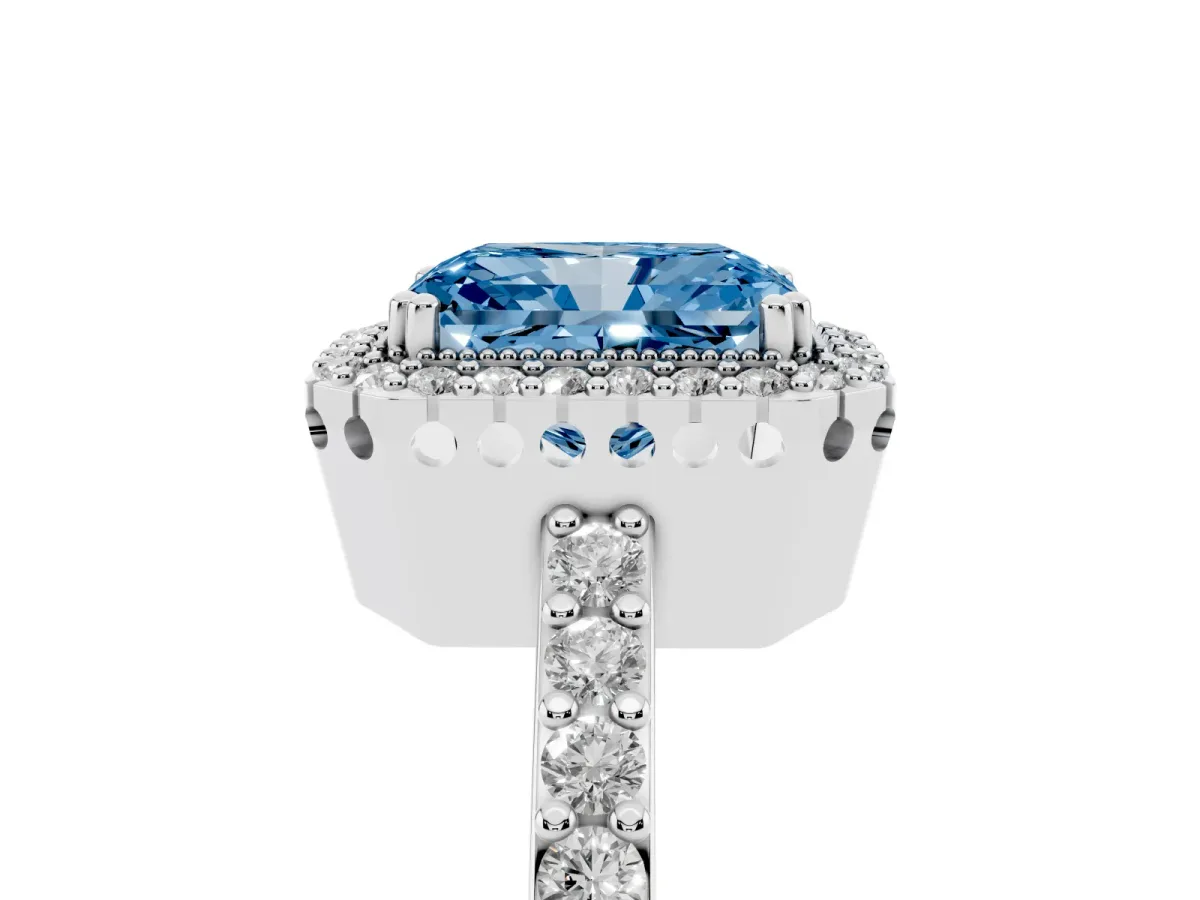 Fancy Blue Radiant Cut Cut Diamond Halo Engagement Ring with Milgrain Detail and Pavé Band Platinum