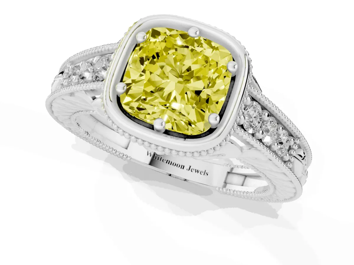 Fancy Yellow Bezel Set Cushion Cut Diamond Milgrain Pave Engagement Ring Silver