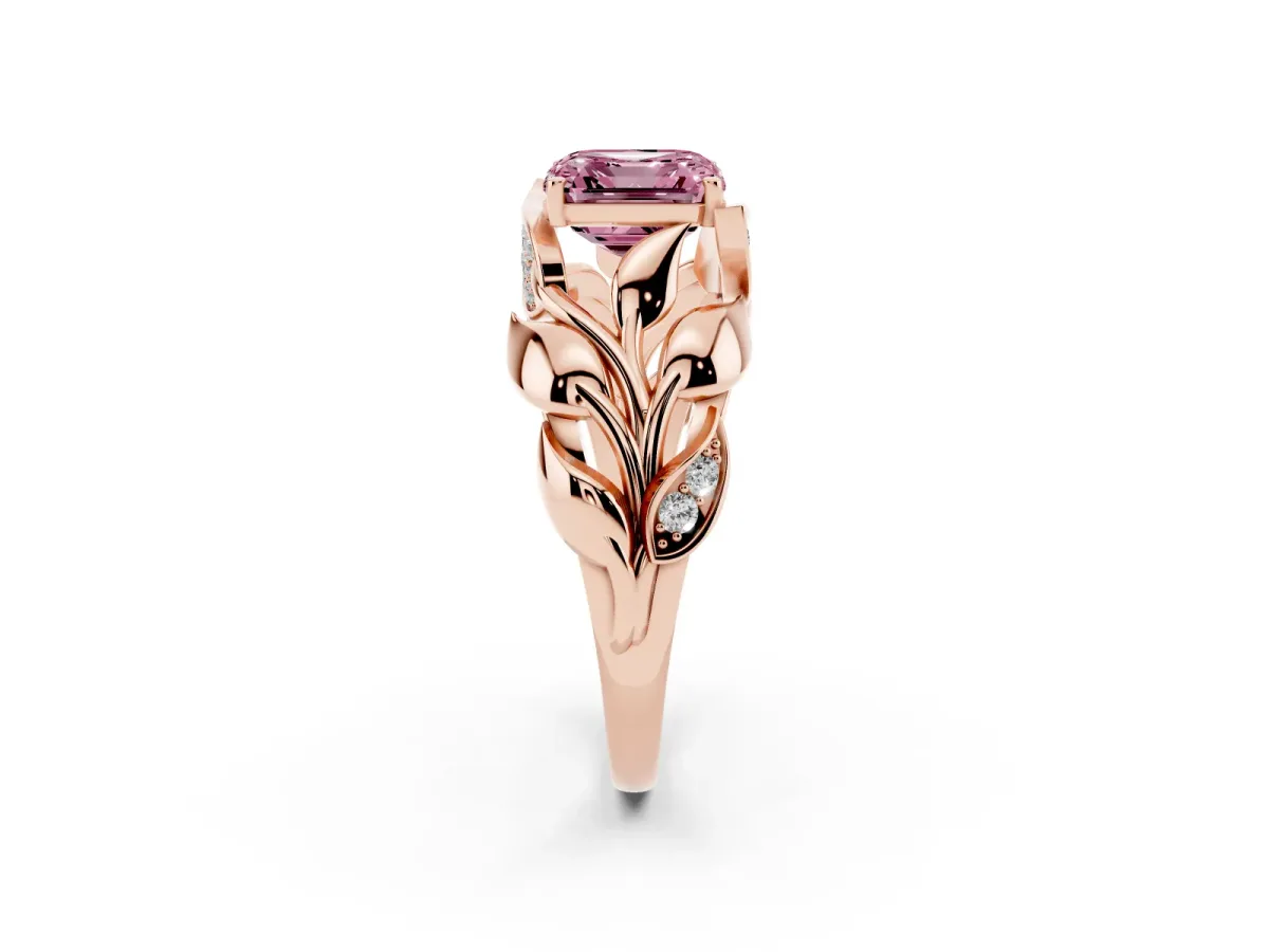 Fancy Pink Asscher Cut Diamond Leaf-Inspired Engagement Ring with Round Accents and Prong Setting Rose gold