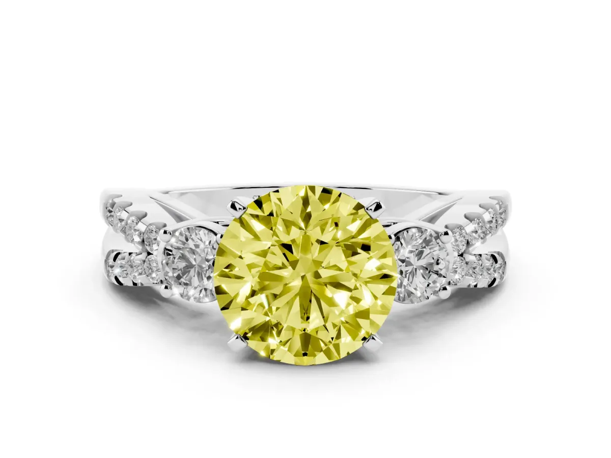 Fancy Yellow Round Cut Diamond Three-Stone Ring with Pavé Split Shank and Four-Prong Setting Silver