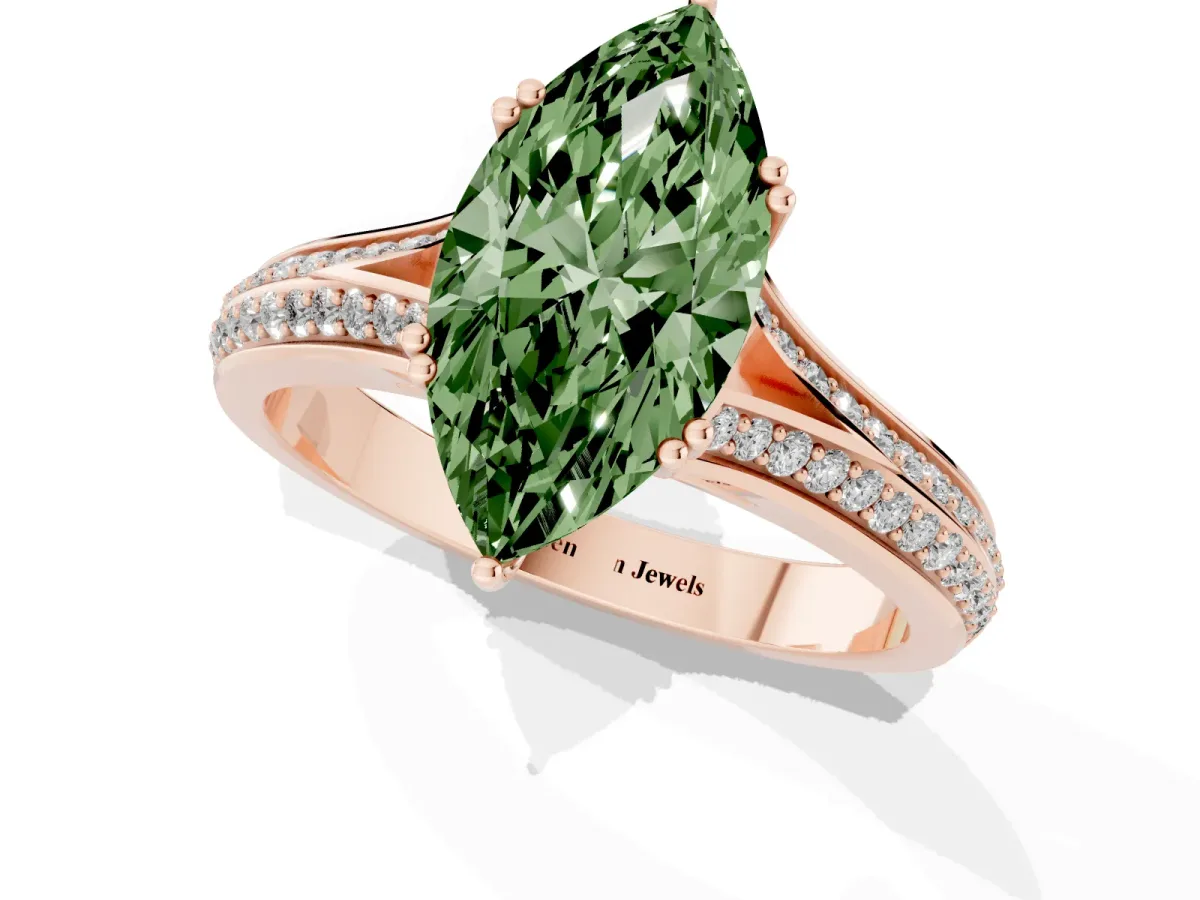 Fancy Green Marquise Cut Diamond Split Shank Engagement Ring with Pavé Band Rose gold