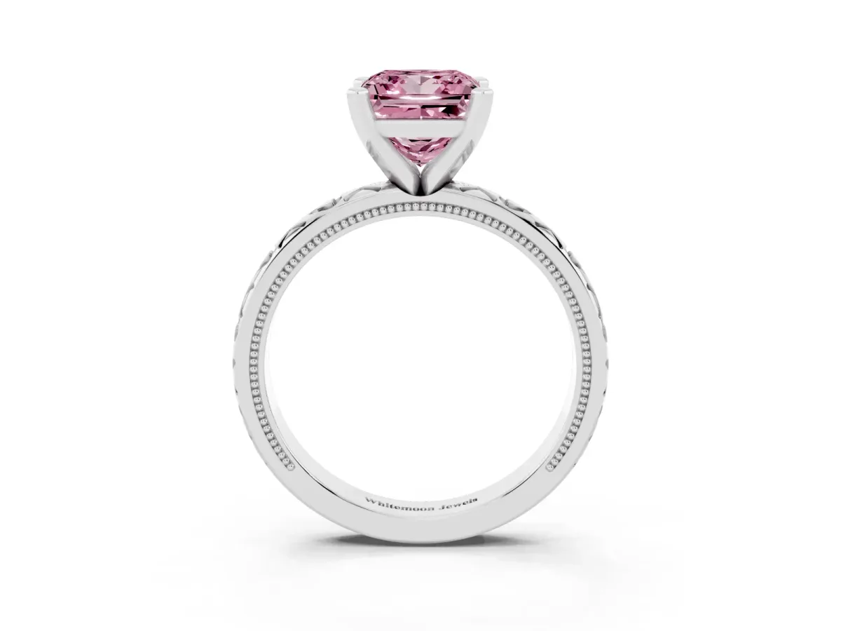 Fancy Pink Princess Cut Solitaire Diamond Engagement Ring with XO Engraved Band and Four-Prong Setting Silver
