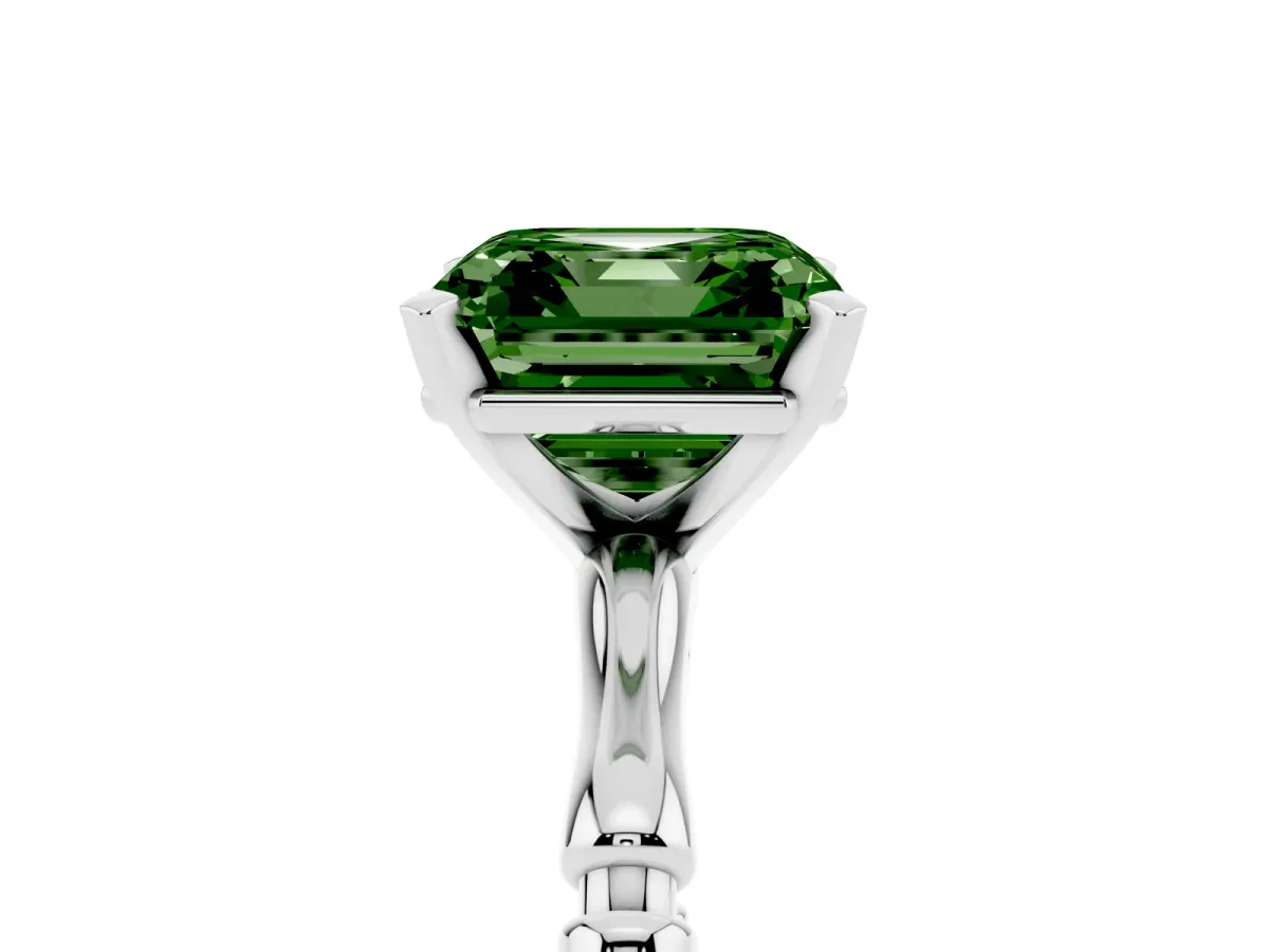 Fancy Green Asscher Cut Solitaire Diamond Ring with Bamboo Band and Four-Prong Setting Silver