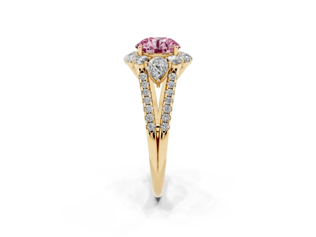 Fancy Pink Round Cut Halo Split Shank Diamond Engagement Ring with Prong Setting Yellow gold