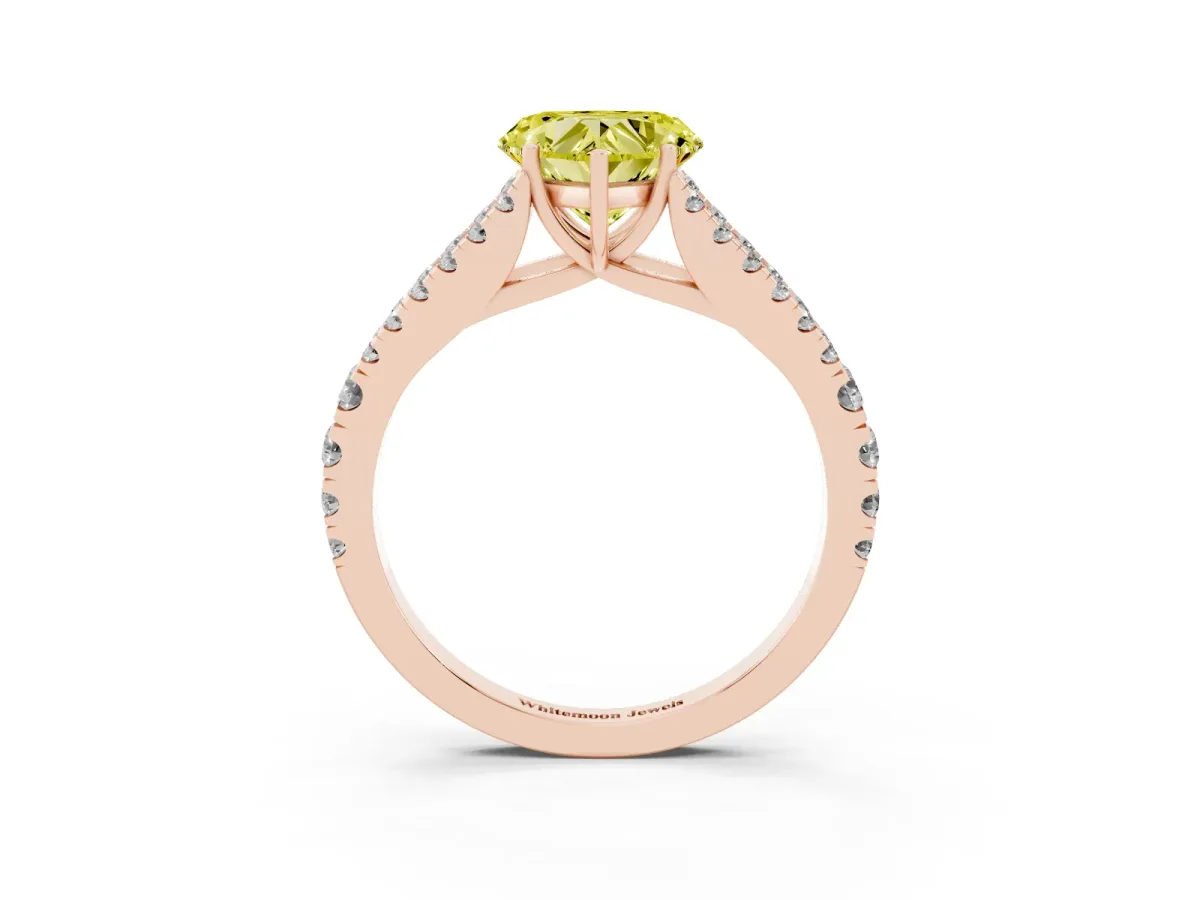 Fancy Yellow Heart Cut Diamond Split Shank Engagement Ring with Round Pavé and Prong Setting Rose gold