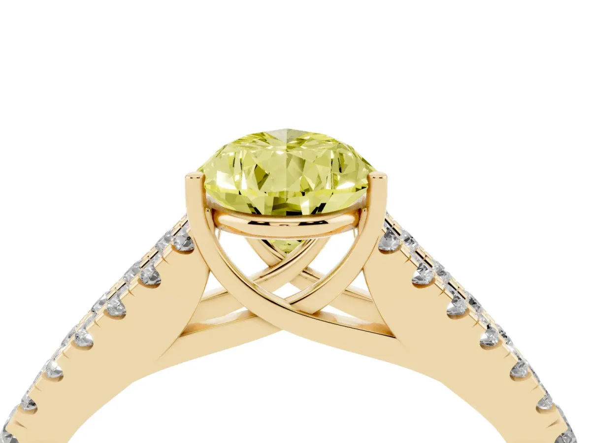 Fancy Yellow Pear Cut Diamond Split Shank Pavé Engagement Ring with Four-Prong Setting Yellow gold