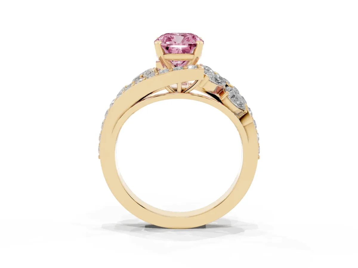 Fancy Pink Cushion Cut Diamond Halo Ring with Marquise and Pavé Band in Prong Setting Yellow gold