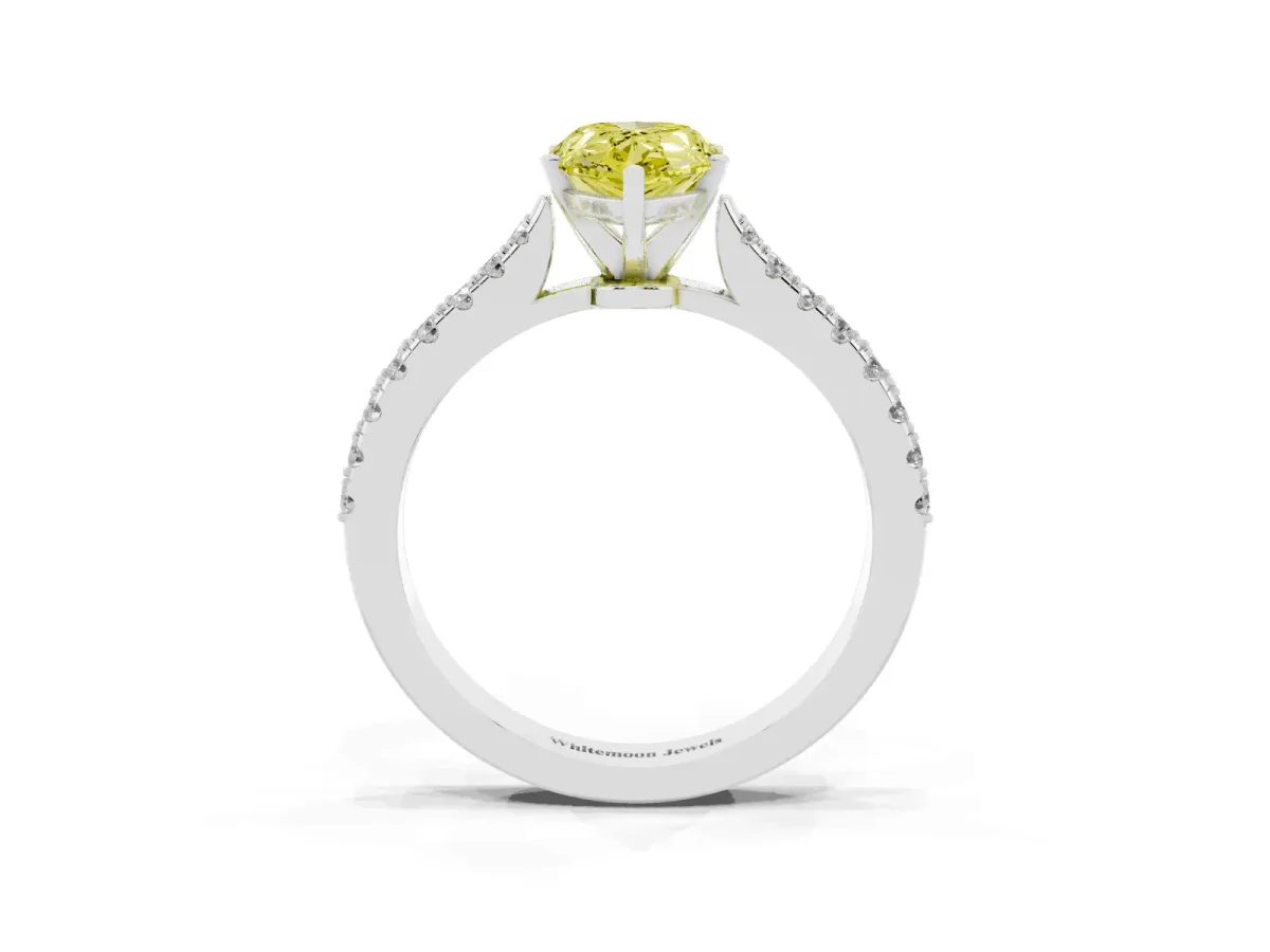 Fancy Yellow Pear Cut Cut Solitaire Diamond Engagement Ring with Pave Band and Four-Prong Setting Platinum