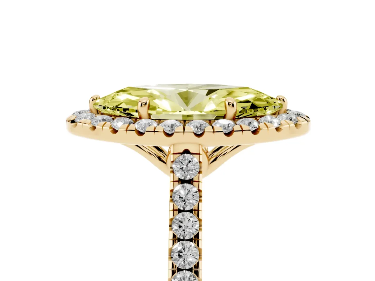 Fancy Yellow Marquise Cut Halo Pavé Diamond Engagement Ring with Four-Prong Setting Yellow gold