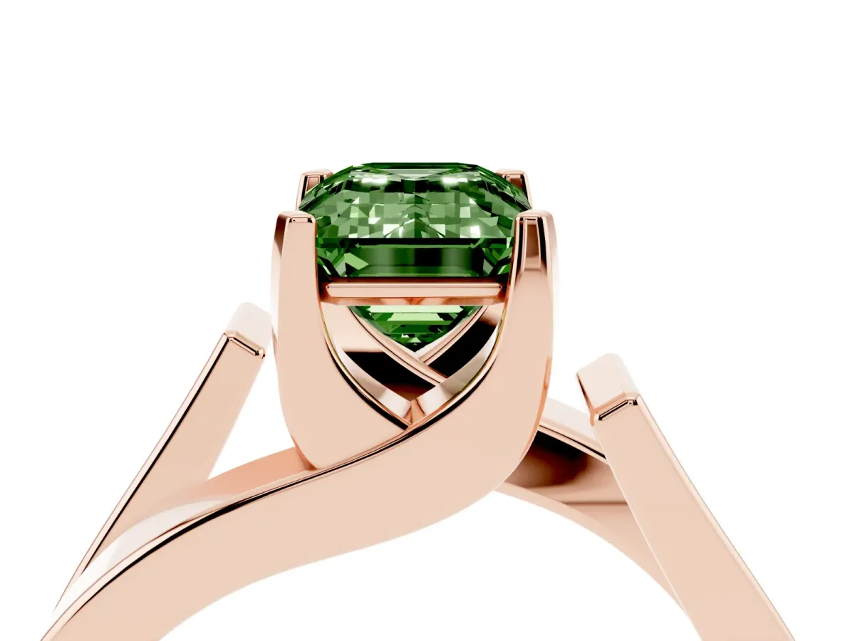 Fancy Green Modern Tension Set Emerald Cut Diamond Solitaire Wide Band Ring Rose gold