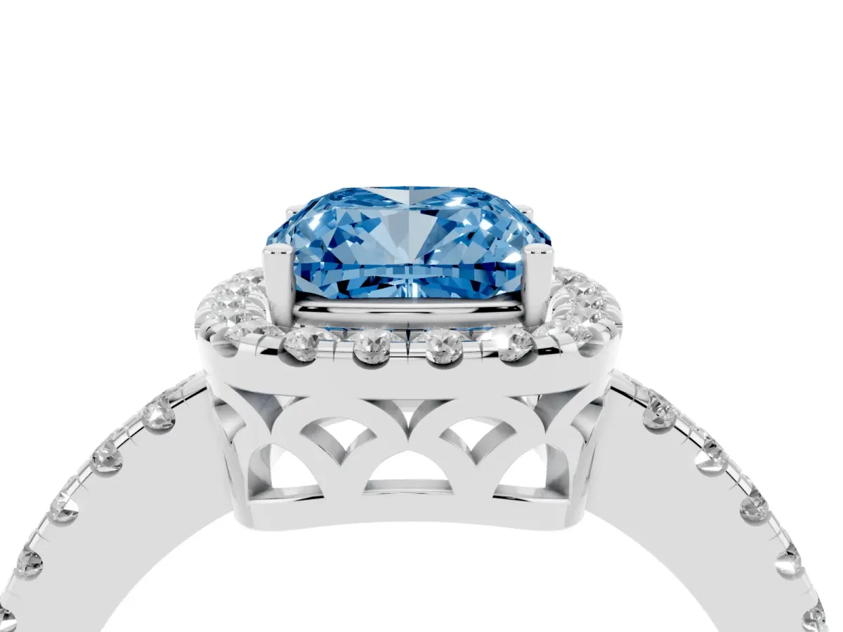 Fancy Blue Cushion Cut Halo Diamond Engagement Ring with Pavé Band and Four-Prong Setting Platinum