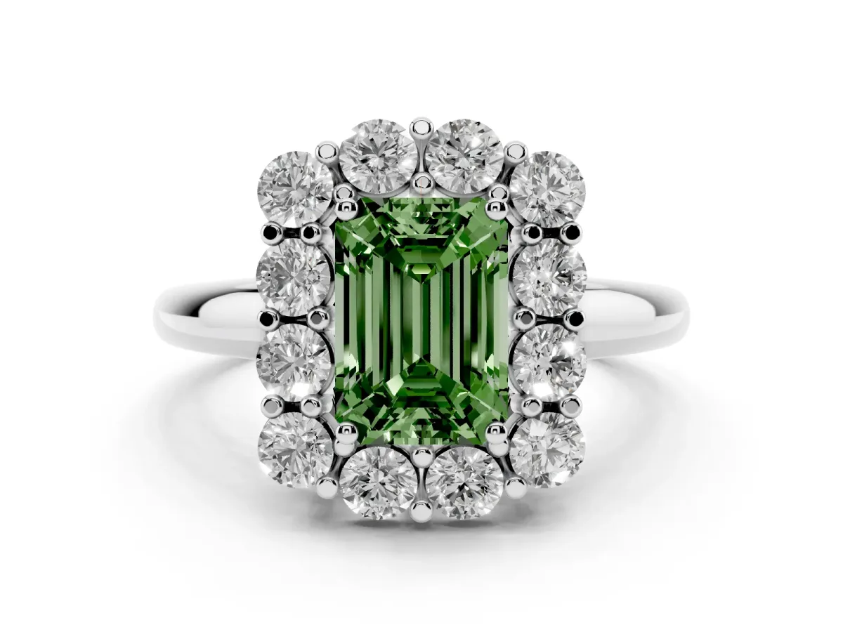 Fancy Green Emerald Cut Halo Cluster Diamond Engagement Ring with Prong Setting and Polished Band Platinum