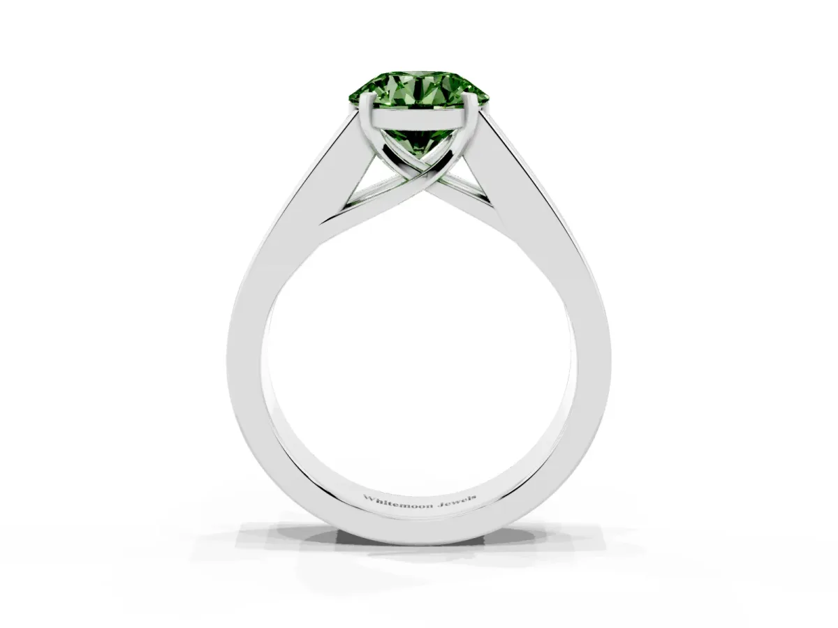 Fancy Green Round Cut Cut Channel Set Solitaire Ring with Four-Prong Setting Silver