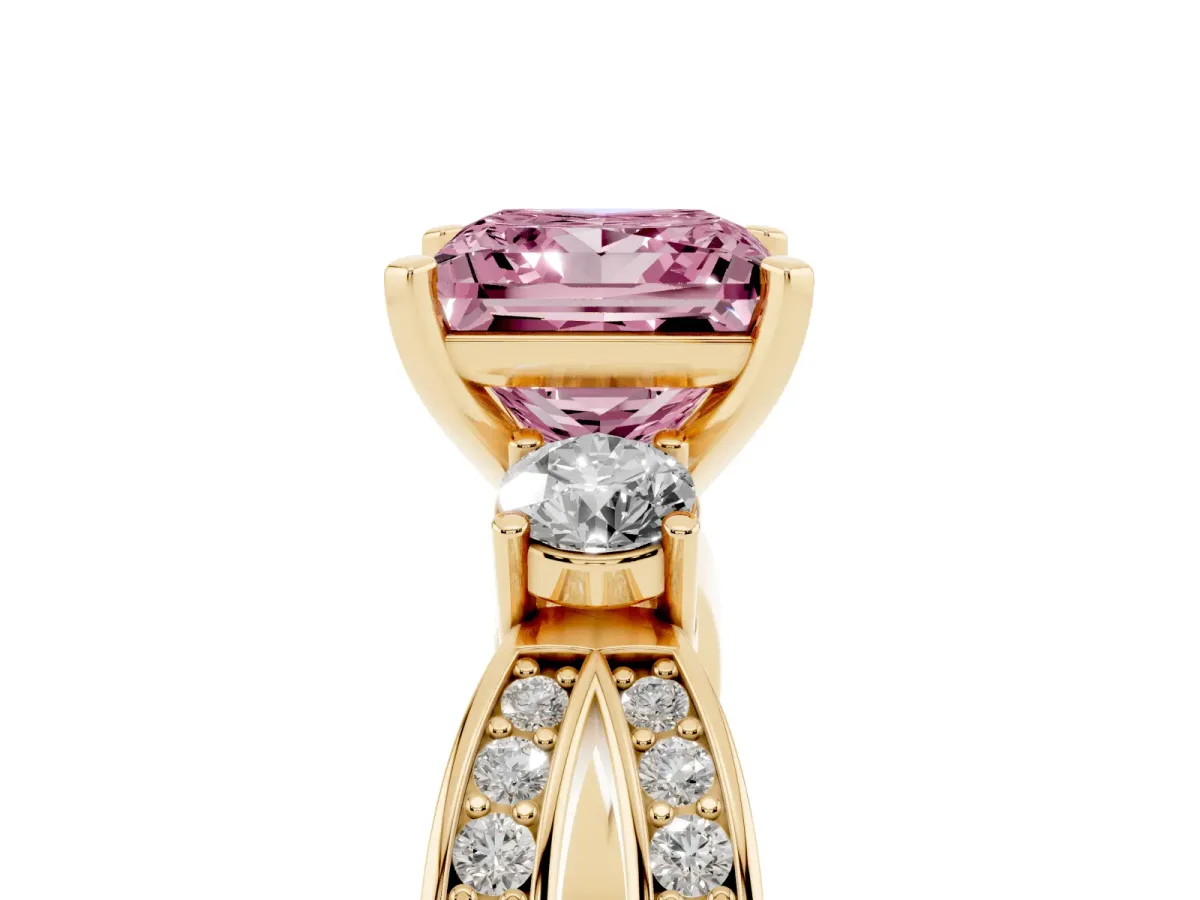Fancy Pink Three-Stone Princess Cut Cut Diamond Twist Band with Prong Setting Yellow gold