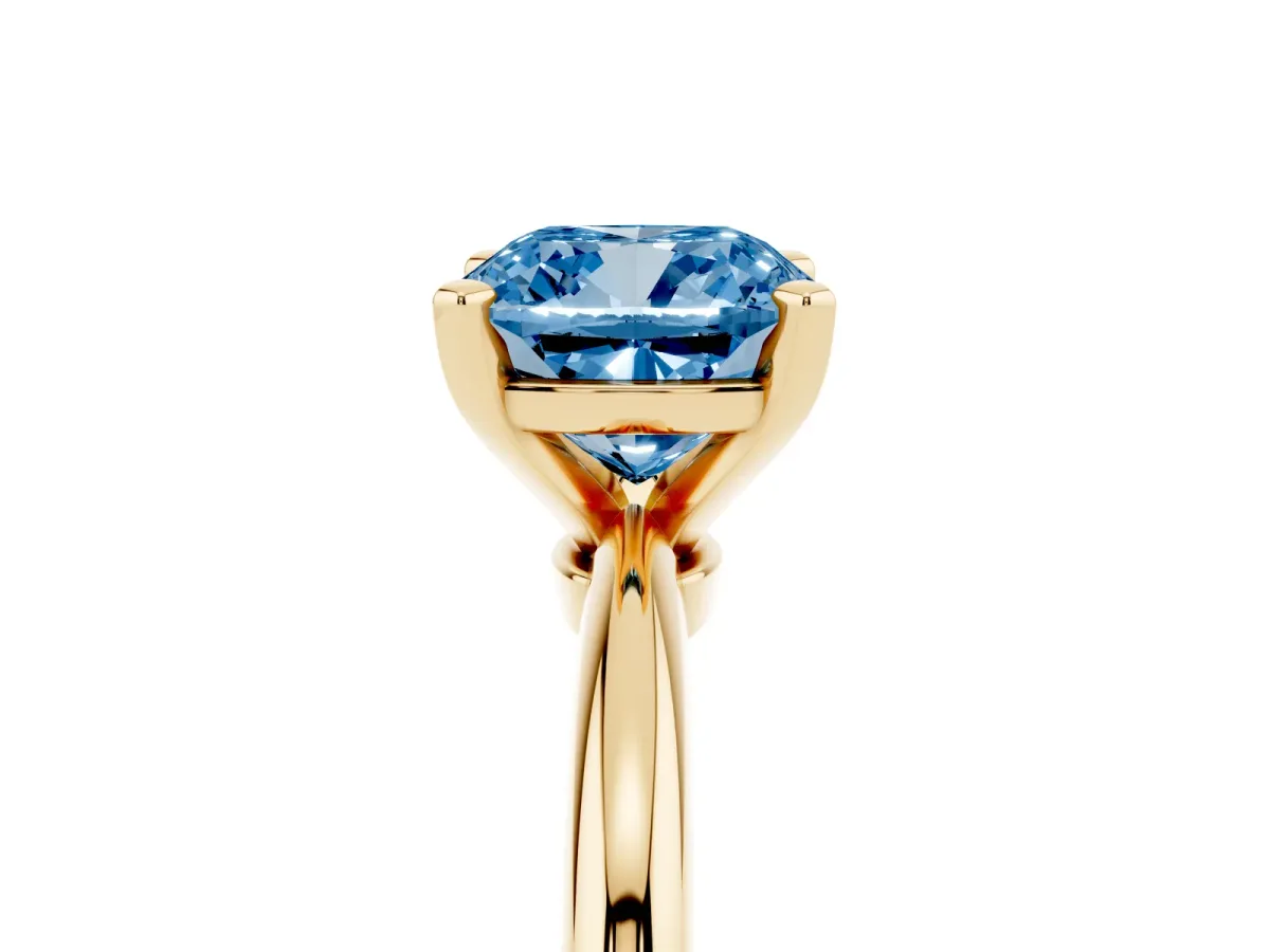 Fancy Blue Cushion Cut Diamond Solitaire Ring with Prong Setting and Classic Band Yellow gold