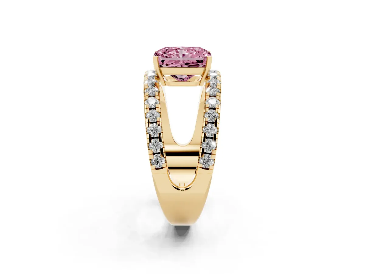 Fancy Pink Radiant Cut Solitaire Split Shank Pave Diamond Ring Yellow gold