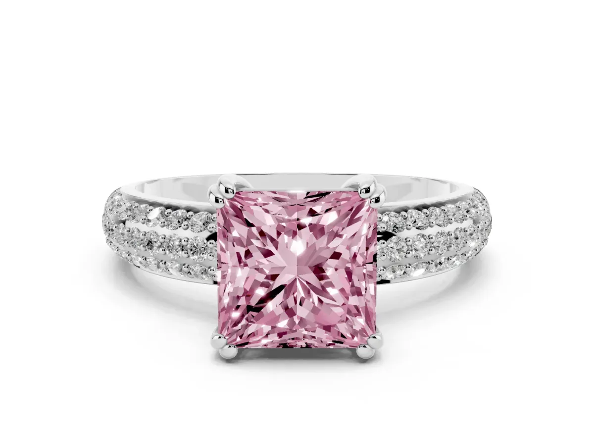 Fancy Pink Princess Cut Diamond Solitaire Ring with Multi-Row Round Pavé Band and Prong Setting Silver