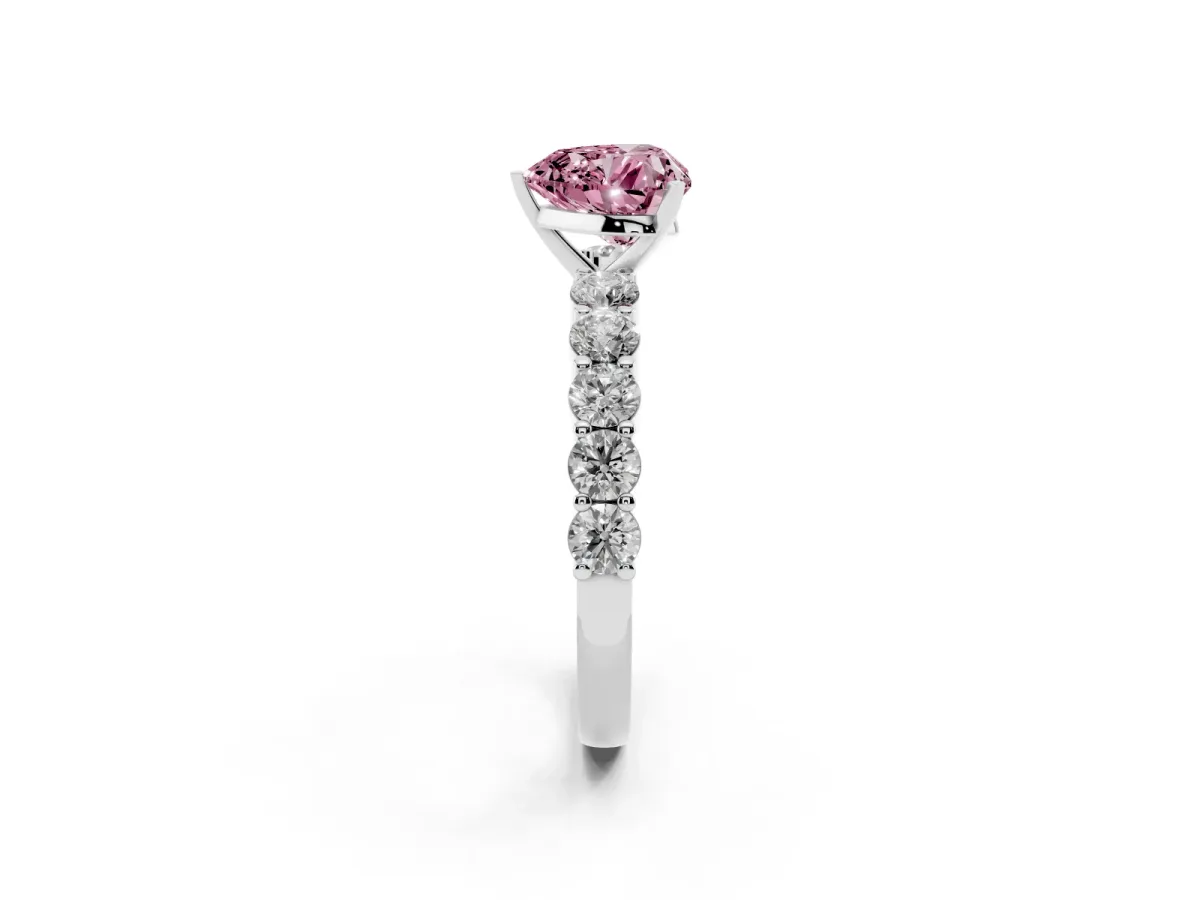 Fancy Pink Heart Cut Diamond Solitaire Ring with Shared Prong Round Side Stones Silver