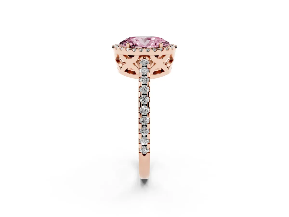 Fancy Pink Oval Cut Diamond Halo Engagement Ring with Pavé Band and Prong Setting Rose gold