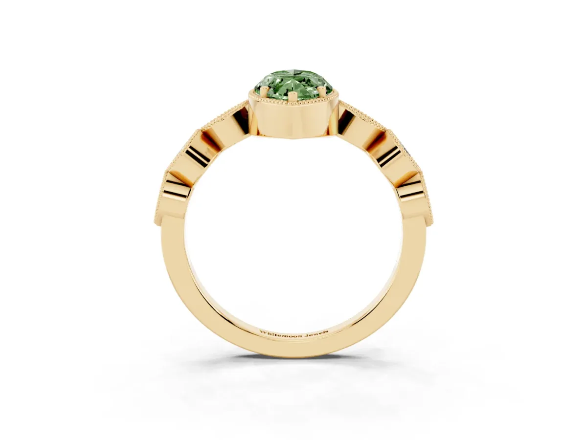 Fancy Green Marquise Cut Diamond Vintage Milgrain Ring with Round Stations Yellow gold