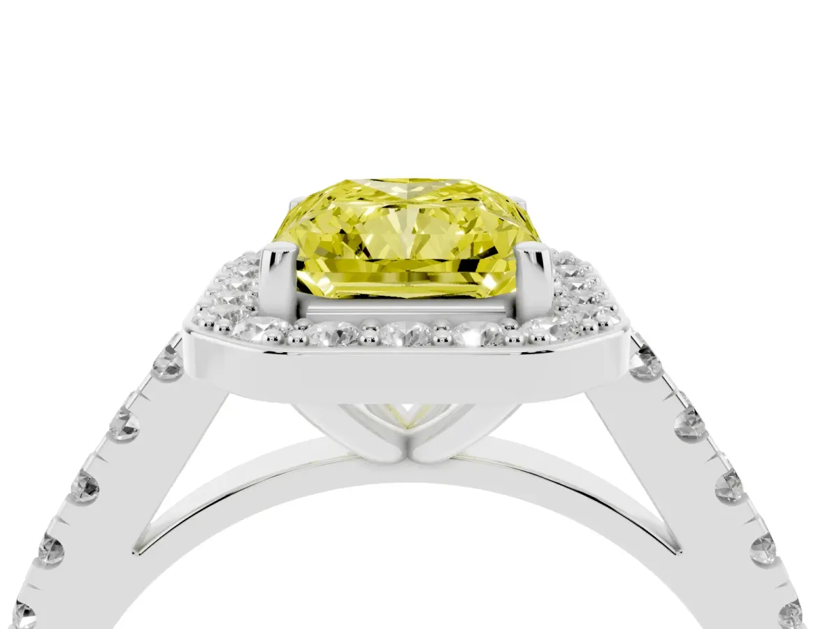 Fancy Yellow Radiant Cut Diamond Halo Ring with Round Pavé Split Shank and Prong Setting Silver