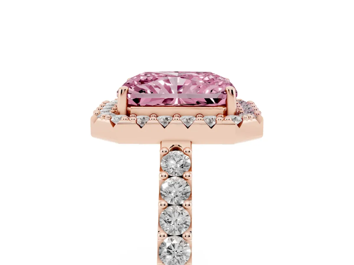 Fancy Pink Radiant Cut Halo Diamond Pavé Solitaire Ring Rose gold