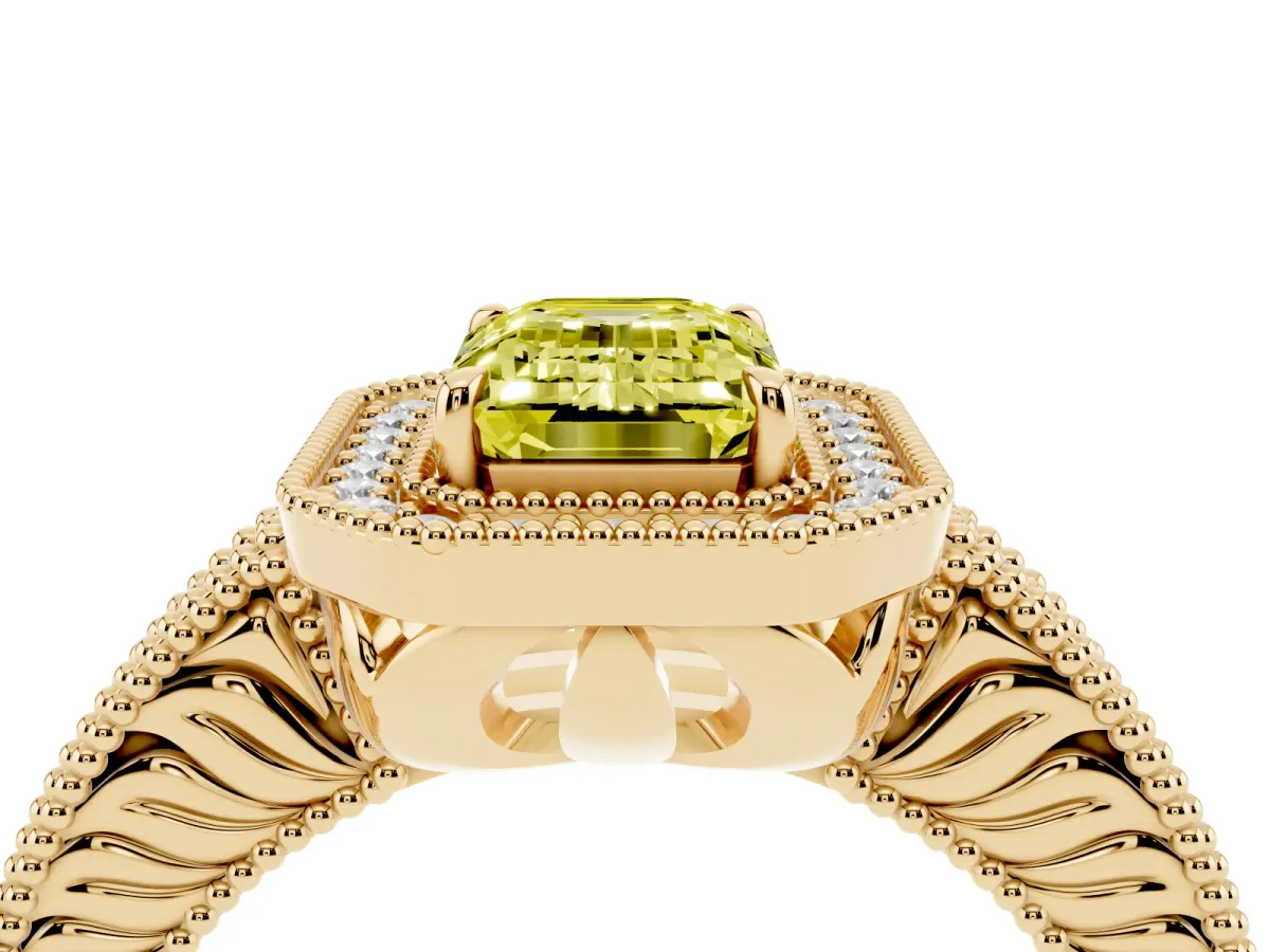Fancy Yellow Emerald Cut Cut Halo Diamond Ring with Pavé Band and Four-Prong Setting Yellow gold