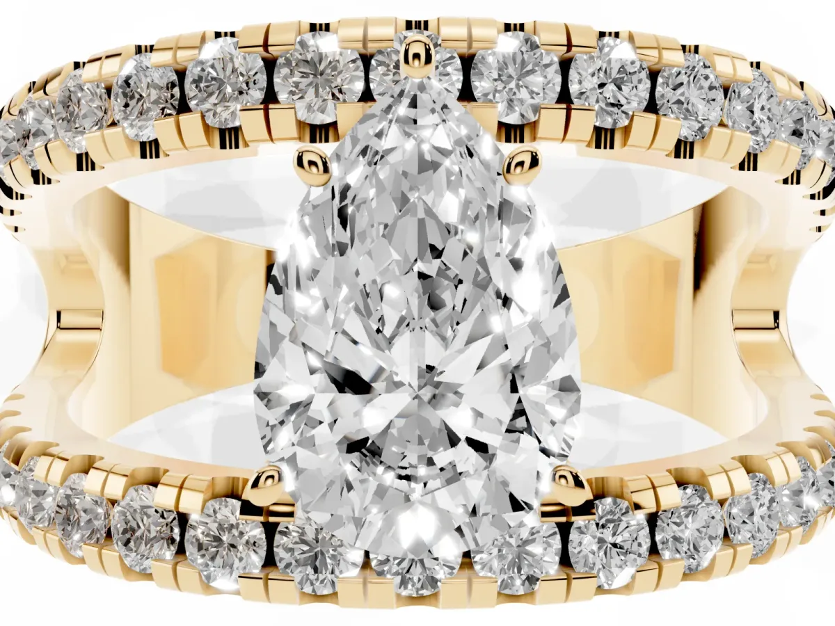 Pear Cut Solitaire Split Shank Pave Diamond Ring Yellow gold