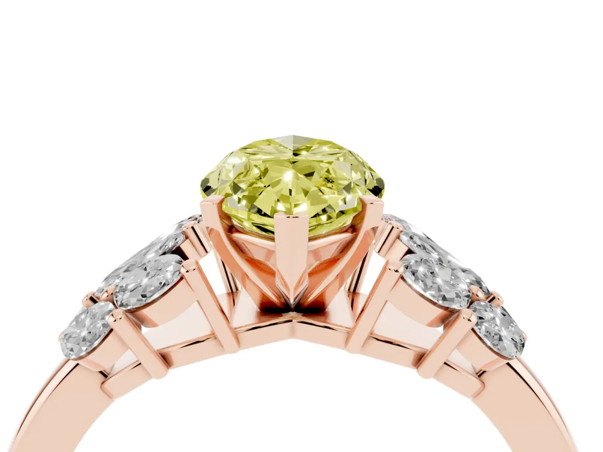 Fancy Yellow Marquise Cut Diamond Cluster Leaf Design Ring with Prong Setting Rose gold