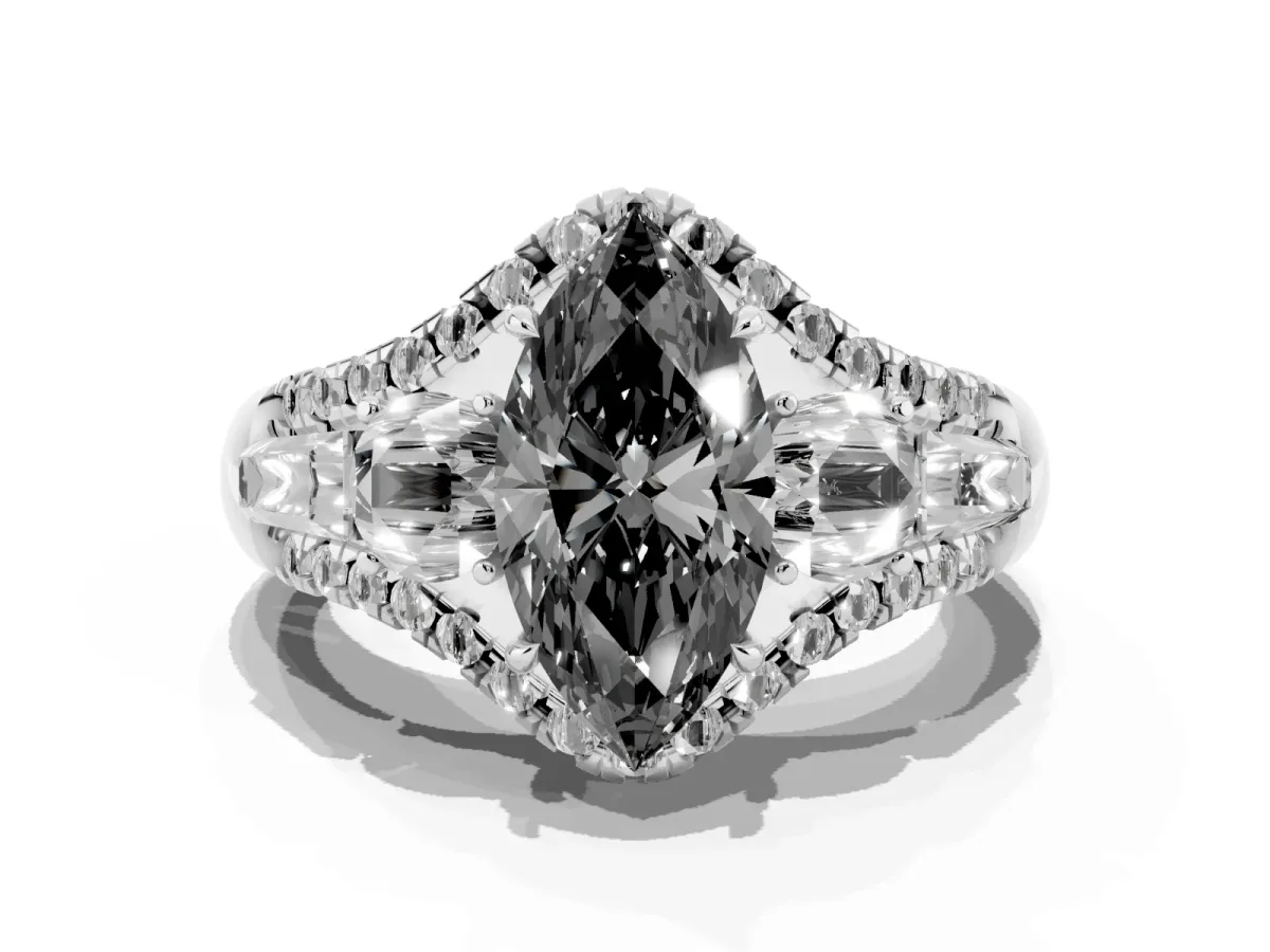 Fancy Black Three-Stone Marquise Cut Diamond Engagement Ring with Pave Band and Prong Setting Silver