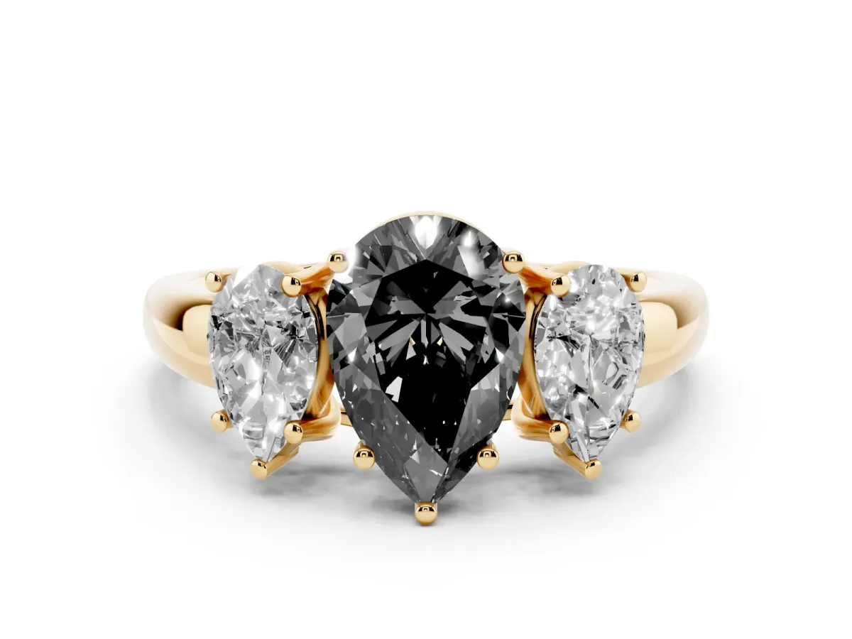 Fancy Black Three-Stone Pear Cut Diamond Engagement Ring with Prong Setting Yellow gold