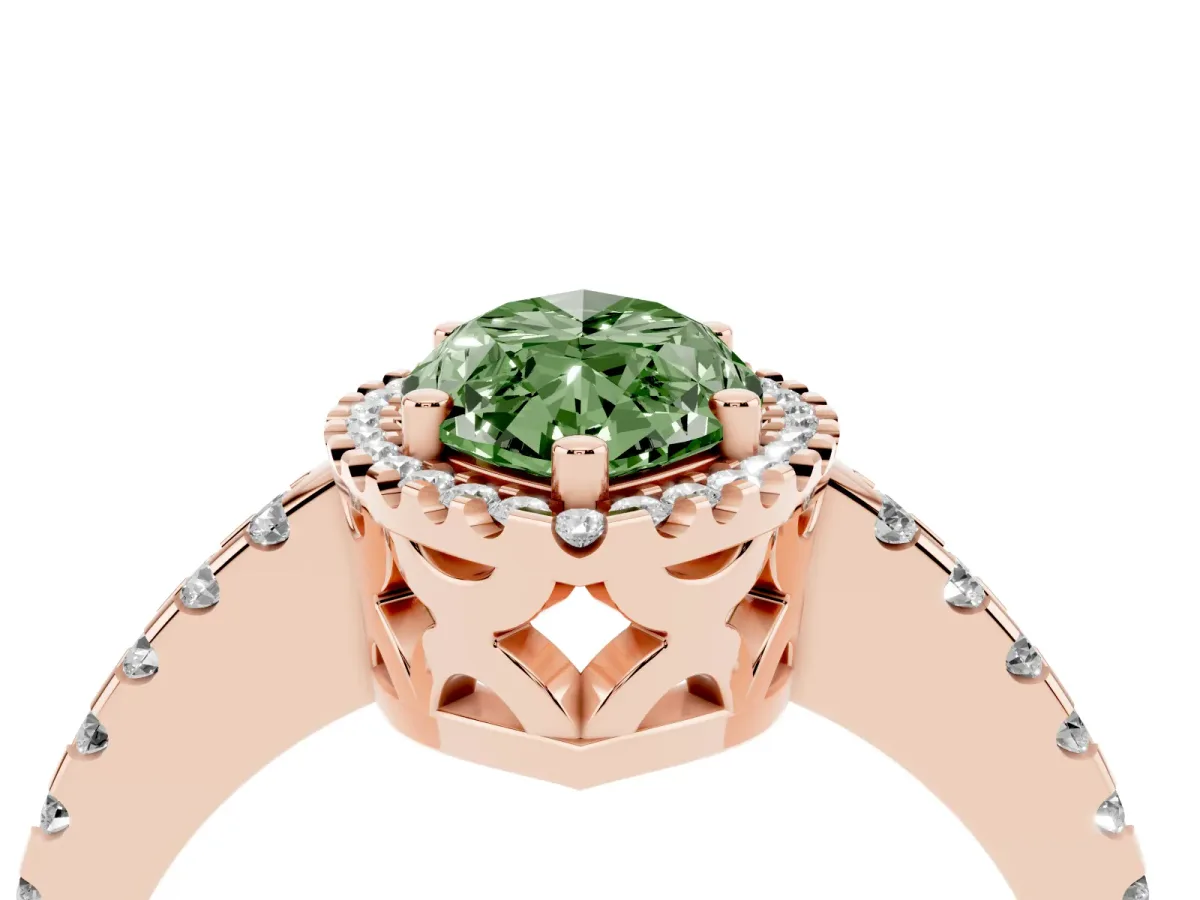 Fancy Green Marquise Cut Diamond Halo Engagement Ring with Pavé Band and Prong Setting Rose gold