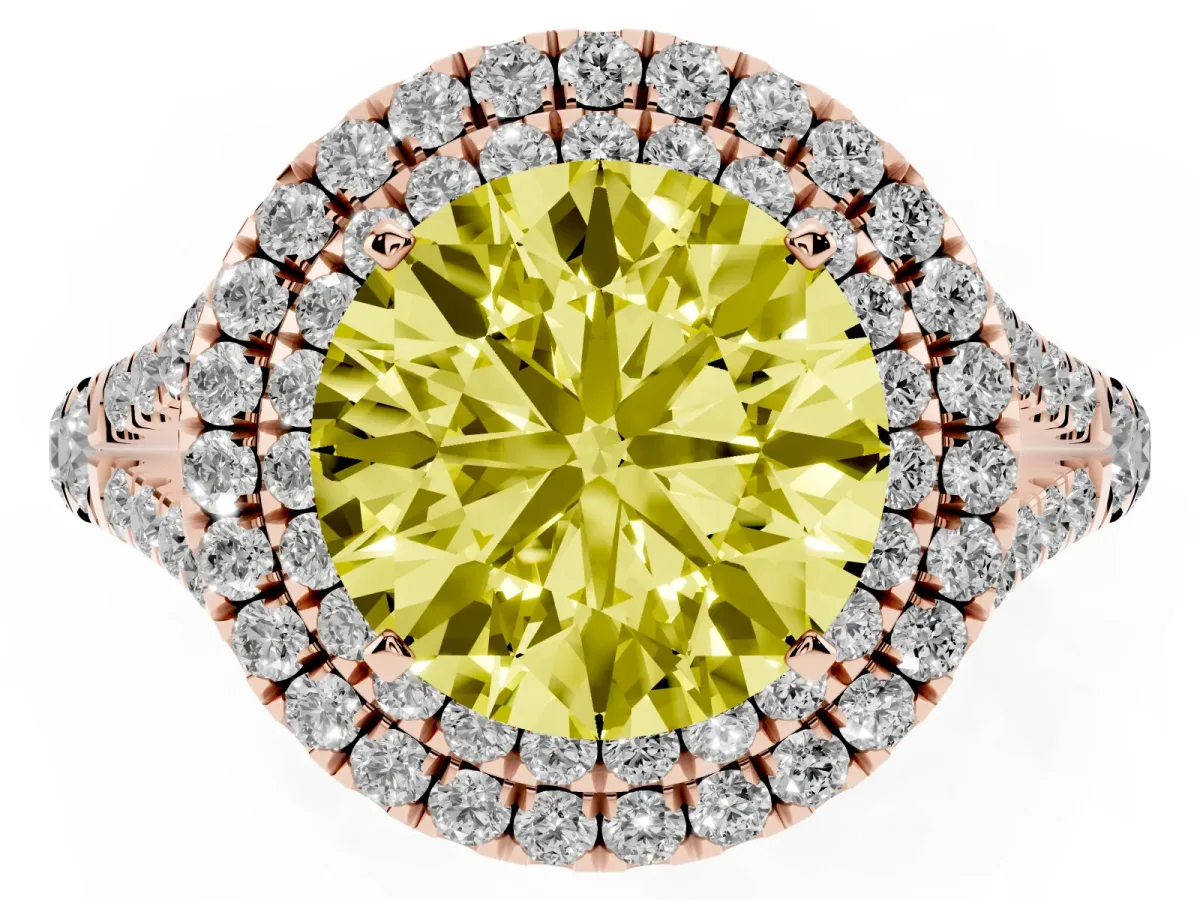 Fancy Yellow Round Cut Diamond Pavé Split Shank Double Halo Engagement Ring Rose gold