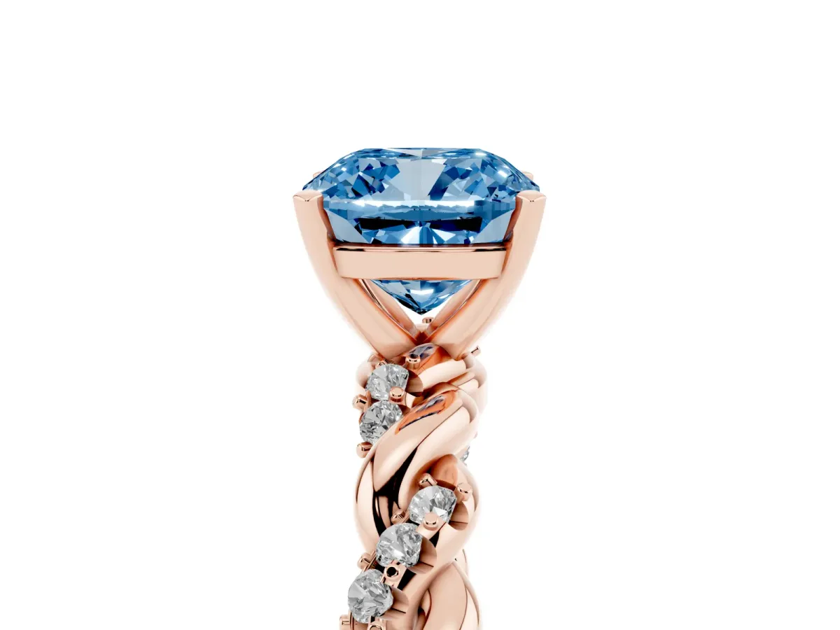 Fancy Blue Cushion Cut Diamond Solitaire Ring with Twisted Band and Pavé Accents Rose gold