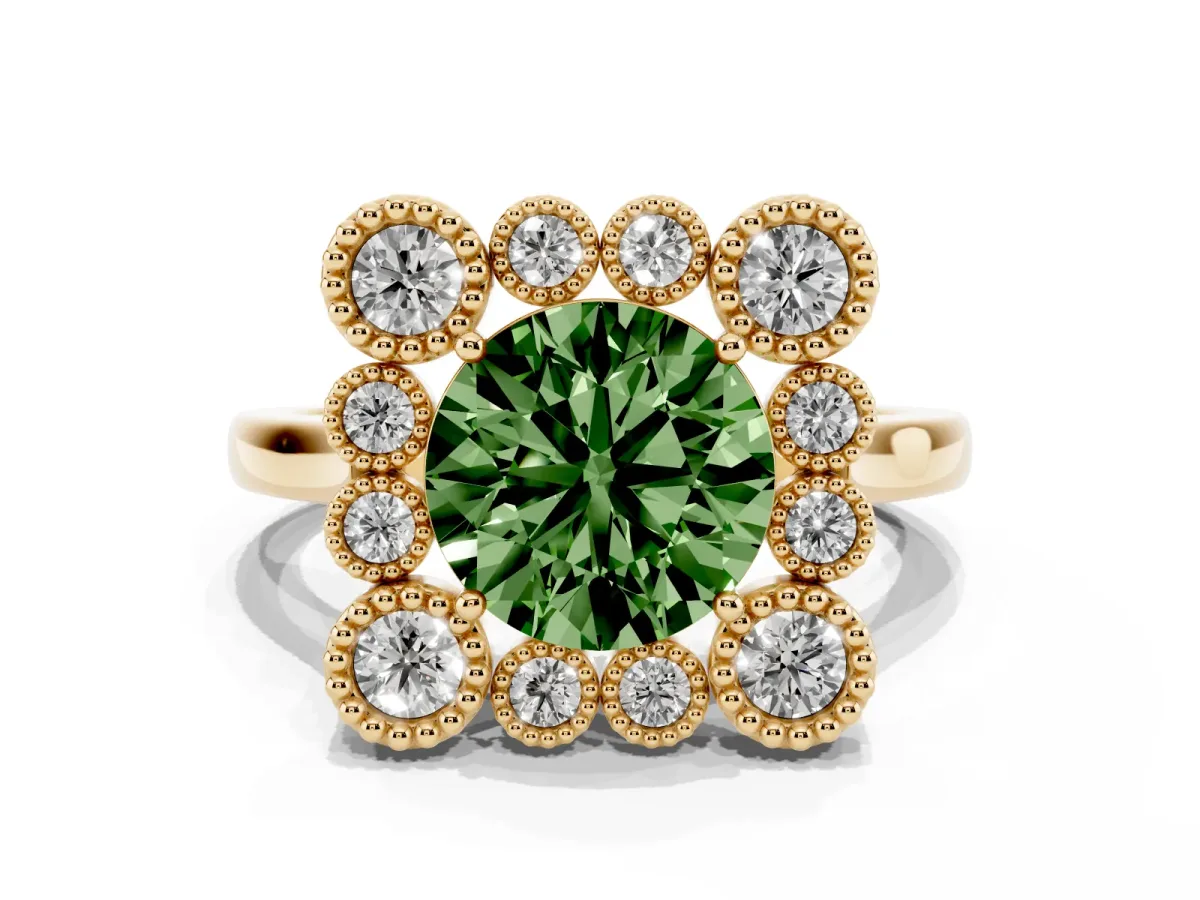 Fancy Green Round Cut Halo Diamond Cluster Engagement Ring with Milgrain Bezel Setting and Solitaire Band Yellow gold