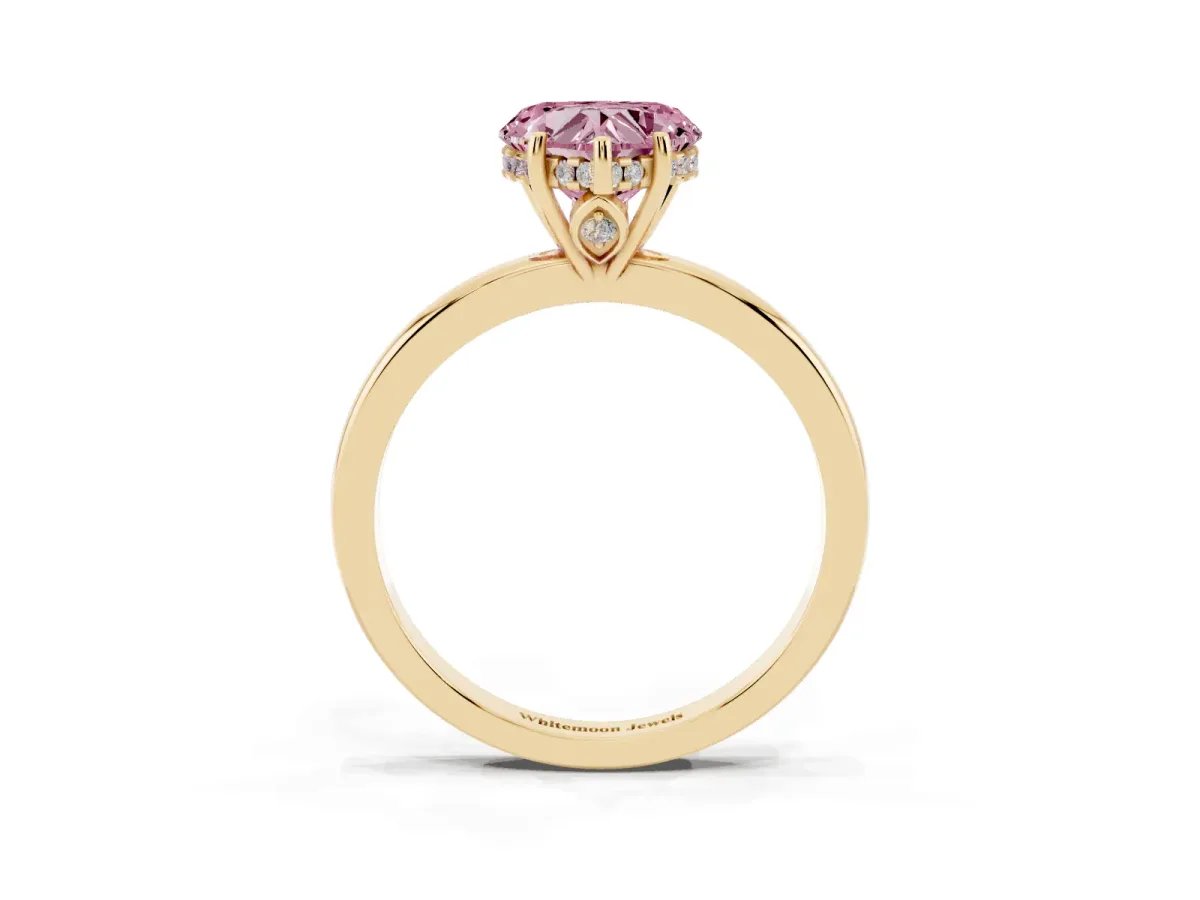 Fancy Pink Heart Cut Solitaire Diamond Ring with Prong Setting and Plain Band Yellow gold