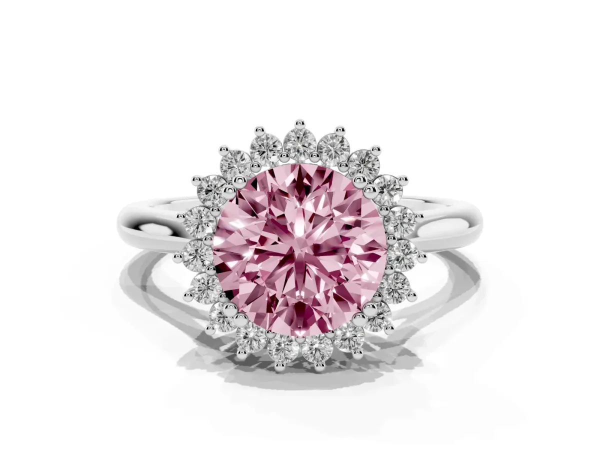 Fancy Pink Round Cut Cut Diamond Halo Ring with Solitaire Band and Prong Setting Platinum