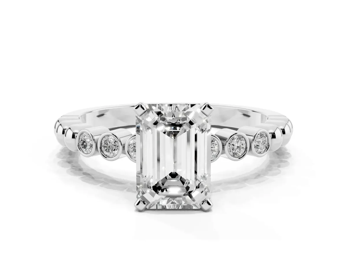 Emerald Cut Solitaire Bezel Accent Diamond Engagement Ring with Beaded Band and Four-Prong Setting Silver