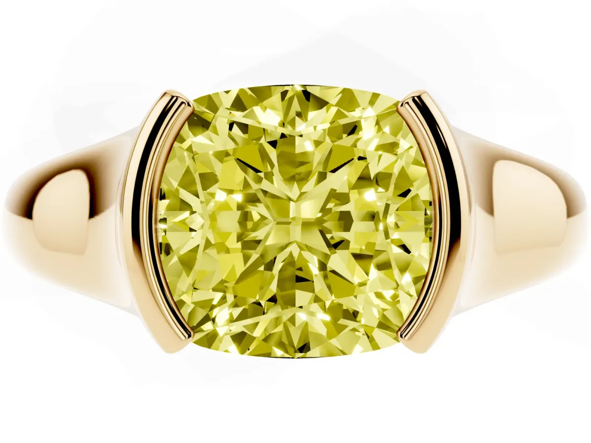 Fancy Yellow Cushion Cut Solitaire Tension Set Diamond Ring with Split Shank Band Yellow gold