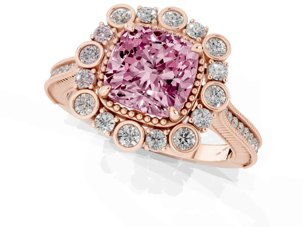 Fancy Pink Cushion Cut Halo Milgrain Pave Diamond Ring with Four-Prong Setting Rose gold