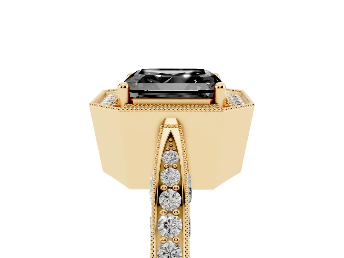 Fancy Black Asscher Cut Halo Diamond Engagement Ring with Split Shank Band and Four-Prong Setting Yellow gold