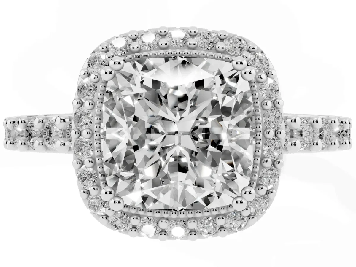 Cushion Cut Cut Diamond Halo Engagement Ring with Milgrain Detail and Pavé Band Silver