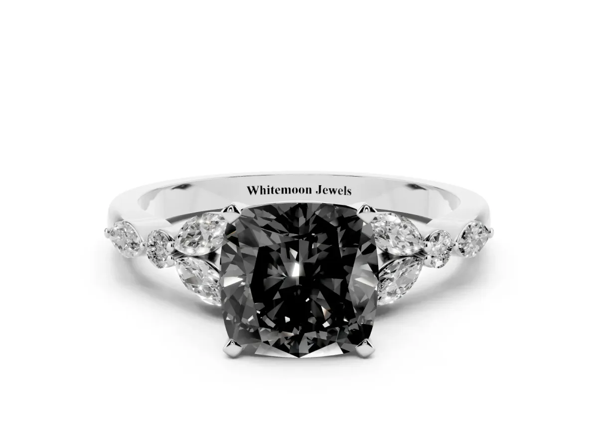 Fancy Black Cushion Cut Diamond Solitaire Ring with Side Stones and Four-Prong Setting Platinum