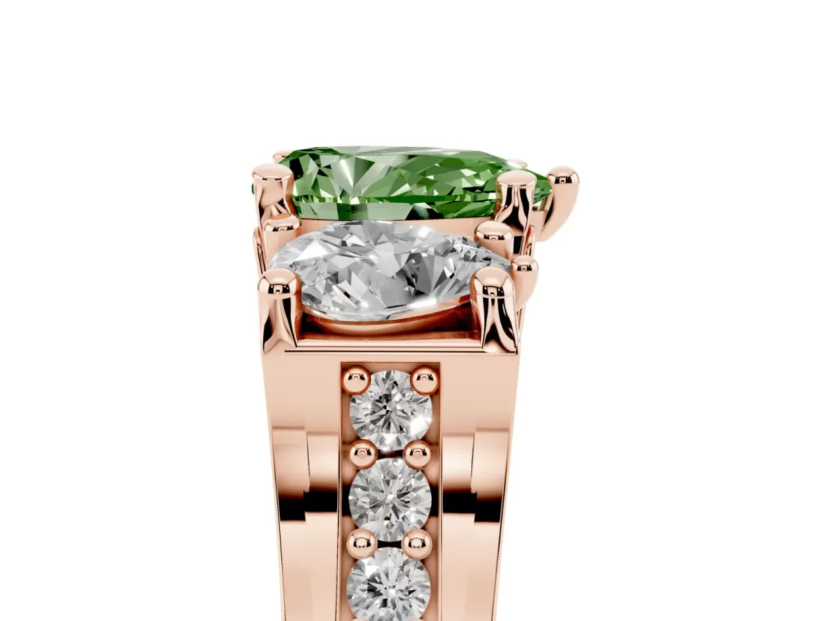Fancy Green Pear Cut Diamond Three-Stone Ring with Channel Set Band and Four-Prong Setting Rose gold