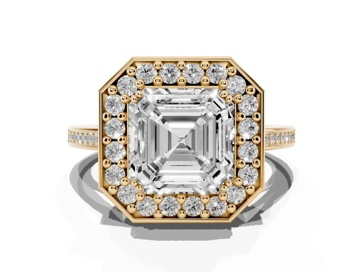 Asscher Cut Diamond Halo Ring with Split Shank and Four-Prong Setting Yellow gold