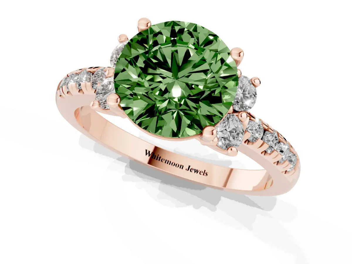 Fancy Green Round Cut Diamond Three-Stone Pave Band with Four-Prong Setting Rose gold