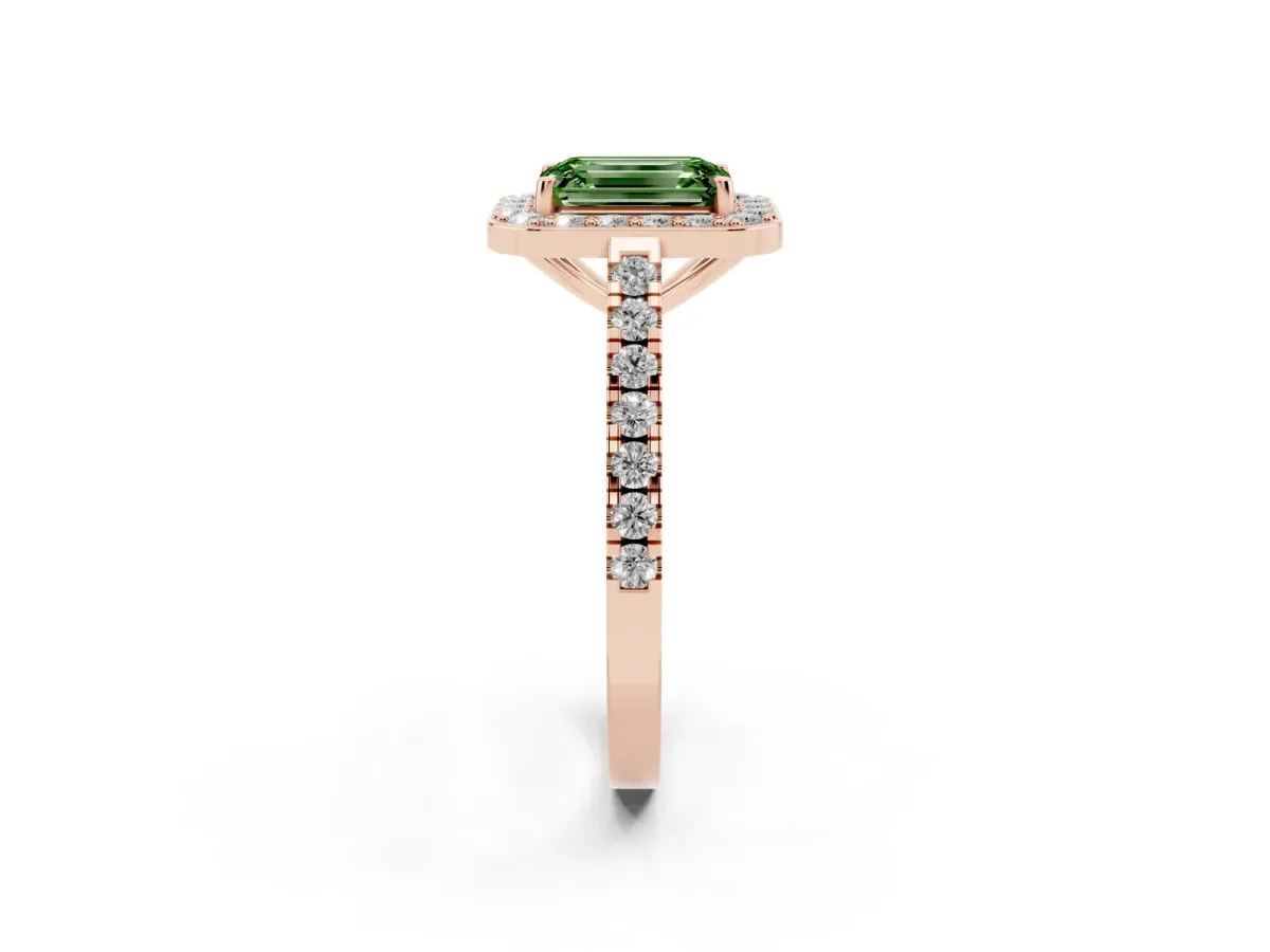 Fancy Green Emerald Cut Diamond Halo Ring with Round Pavé Split Shank and Prong Setting Rose gold